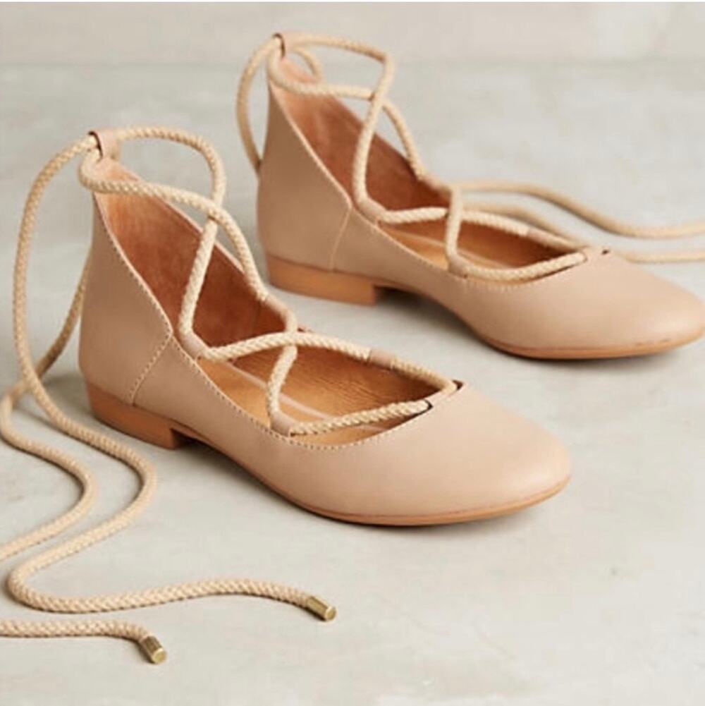 Kelsi Dagger Deandra Lace Up Ballet Flats Size 7 Camel Tan Beige Balletcore